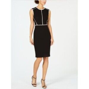 Calvin Klein Black Midi Sheath Dress Sz 2 White Piping Office Meeting Party Chic